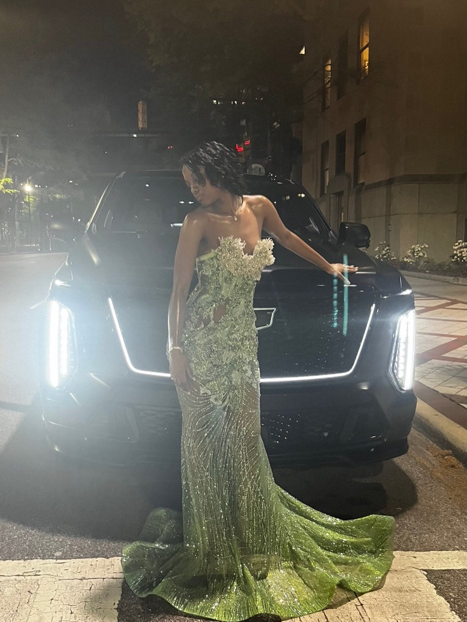 Emerald Enchantress – Sage Green Gold Crystal Beaded Strapless Mermaid Prom Dress with 3D Floral Corset & Lace-Up Back