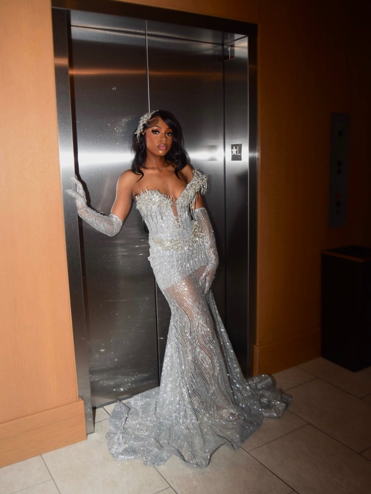 Silver Sequin Crystal Fringe Mermaid Prom Dress with Gloves | BK4744