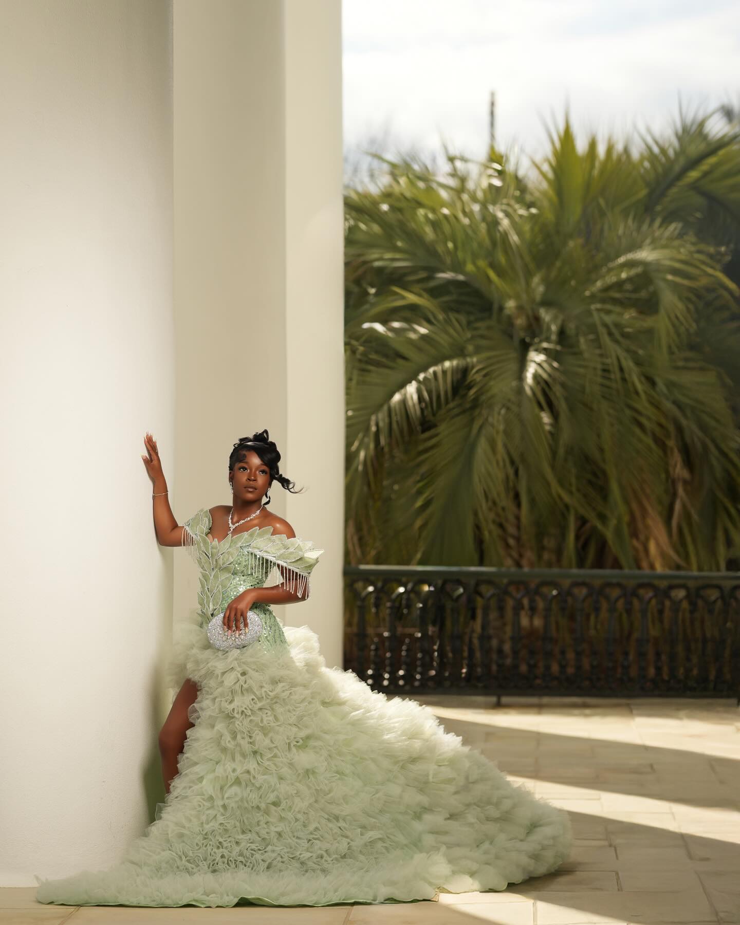 Mint Green Off-Shoulder Sequin Beaded Prom Dress with 3D Leaf Appliqué & Ruffle Tulle Train-LLELLA