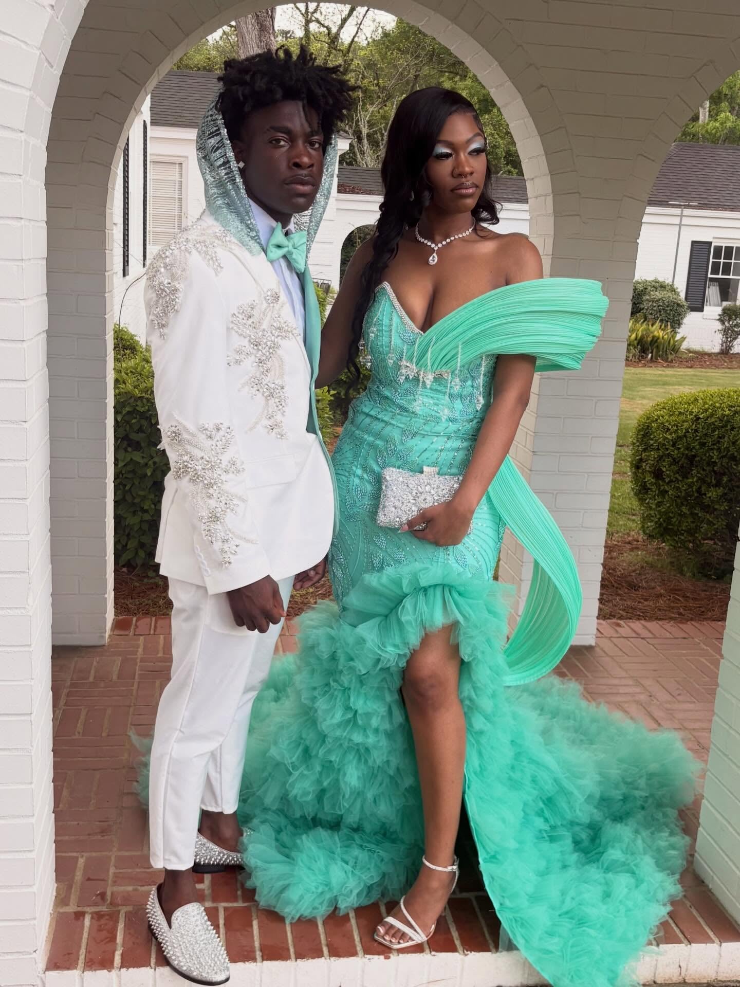 Mint Green Off-Shoulder Sequin Beaded Mermaid Prom Dress with Ruffled Tulle Hi-Lo Train