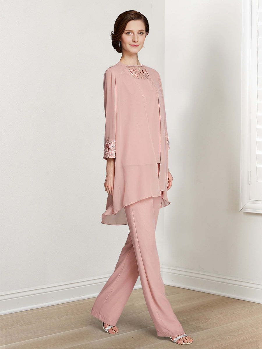Floor-Length Square Neck Chiffon Pantsuit With Long Sleeves and Jacket for the Mother of the Bride-LLELLA