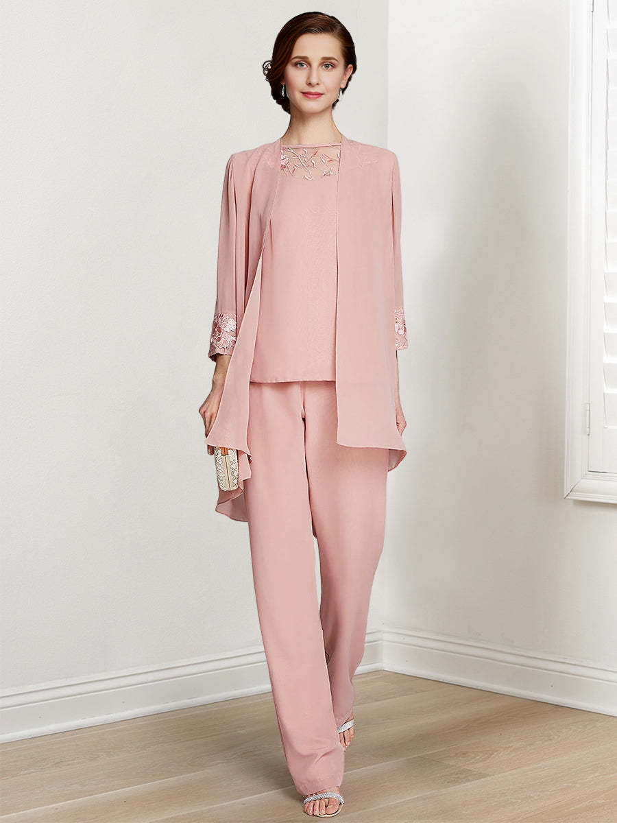 Floor-Length Square Neck Chiffon Pantsuit With Long Sleeves and Jacket for the Mother of the Bride-LLELLA