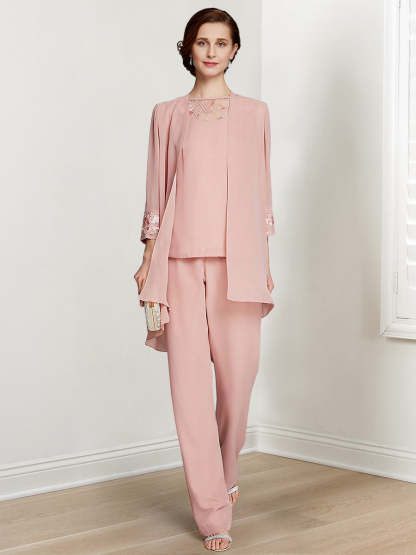 Floor-Length Square Neck Chiffon Pantsuit With Long Sleeves and Jacket for the Mother of the Bride-LLELLA