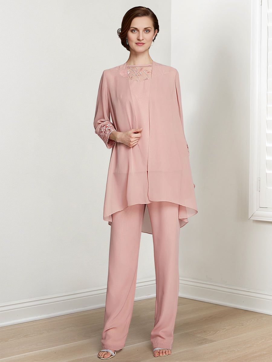 Floor-Length Square Neck Chiffon Pantsuit With Long Sleeves and Jacket for the Mother of the Bride-LLELLA