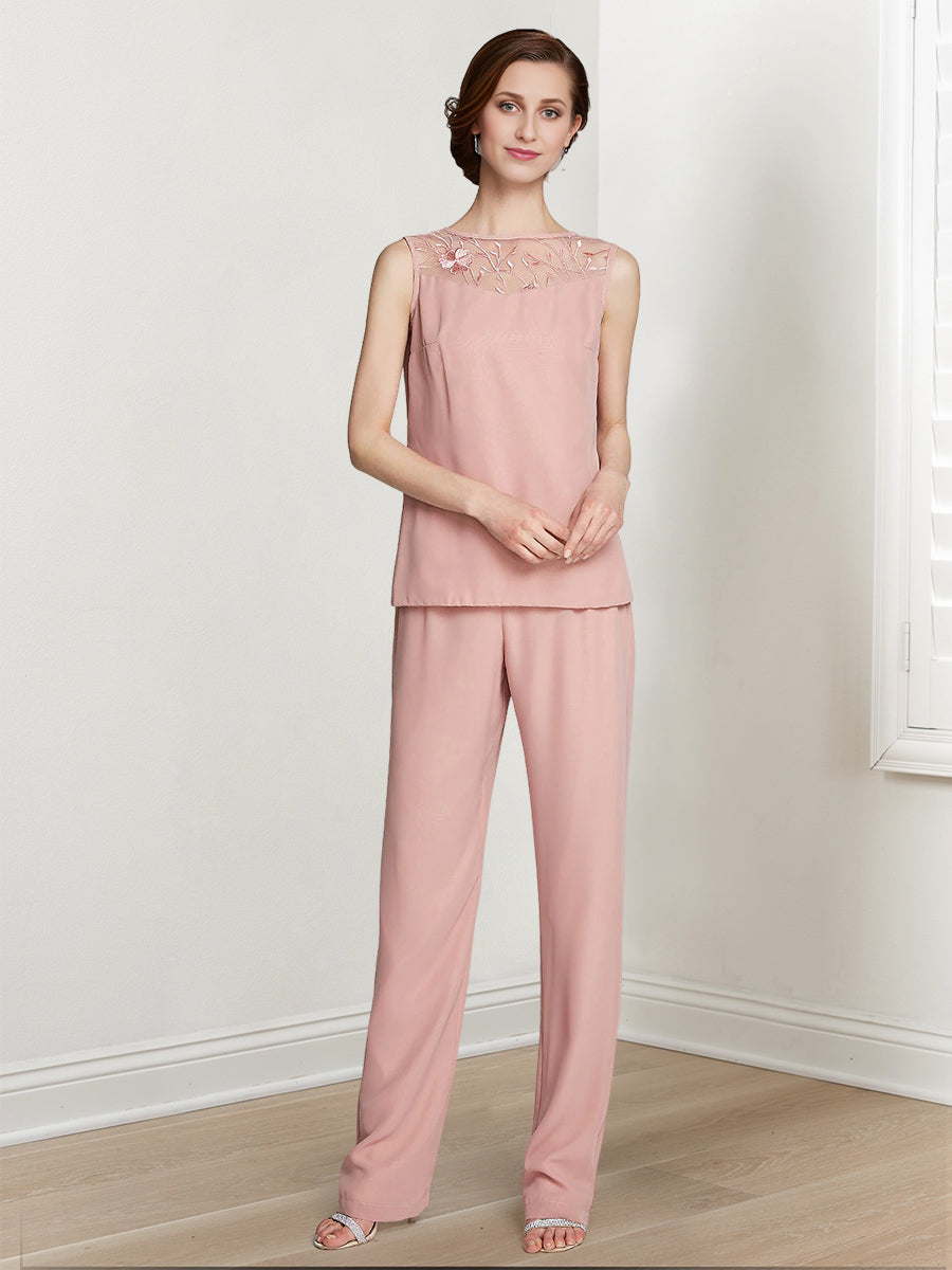 Floor-Length Square Neck Chiffon Pantsuit With Long Sleeves and Jacket for the Mother of the Bride-LLELLA