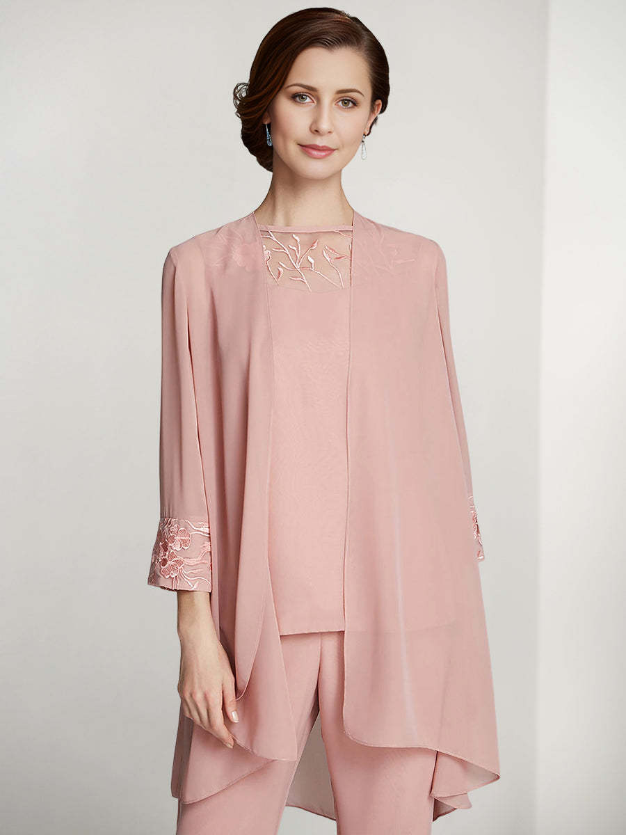 Floor-Length Square Neck Chiffon Pantsuit With Long Sleeves and Jacket for the Mother of the Bride-LLELLA