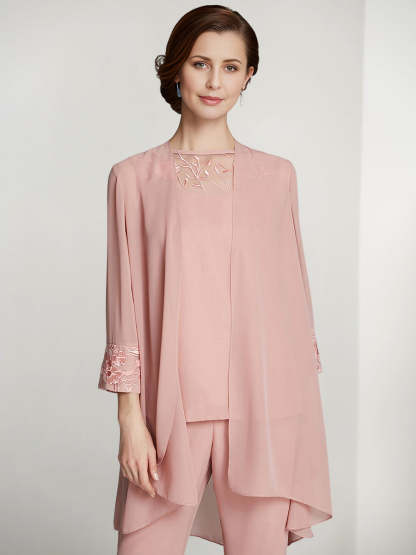 Floor-Length Square Neck Chiffon Pantsuit With Long Sleeves and Jacket for the Mother of the Bride-LLELLA