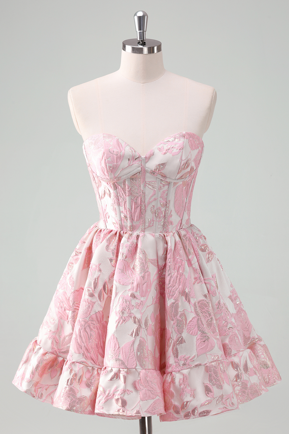 Blue Strapless Floral A-Line Printed Corset Short Homecoming Dress with Ruffles