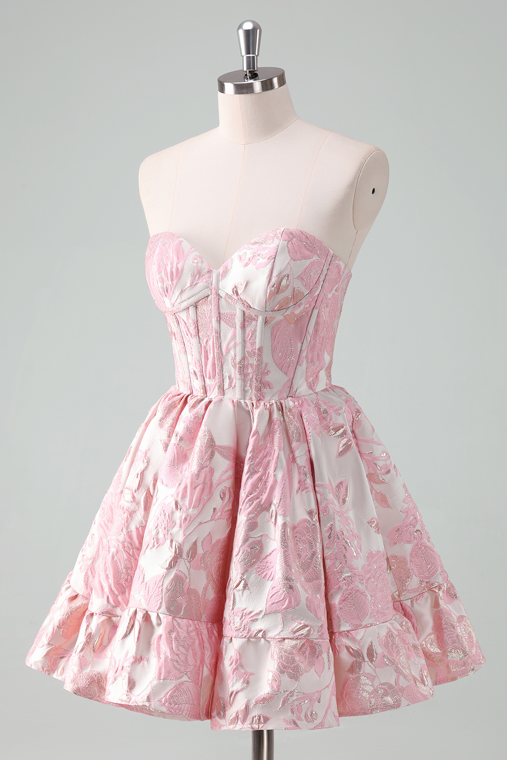 Blue Strapless Floral A-Line Printed Corset Short Homecoming Dress with Ruffles