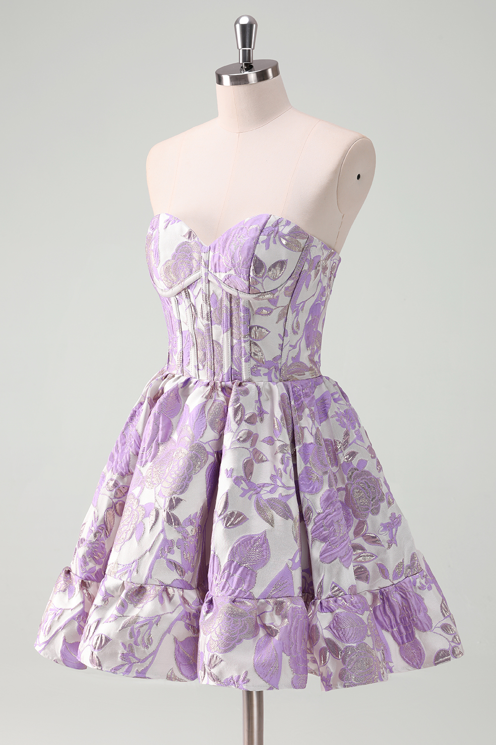 Blue Strapless Floral A-Line Printed Corset Short Homecoming Dress with Ruffles