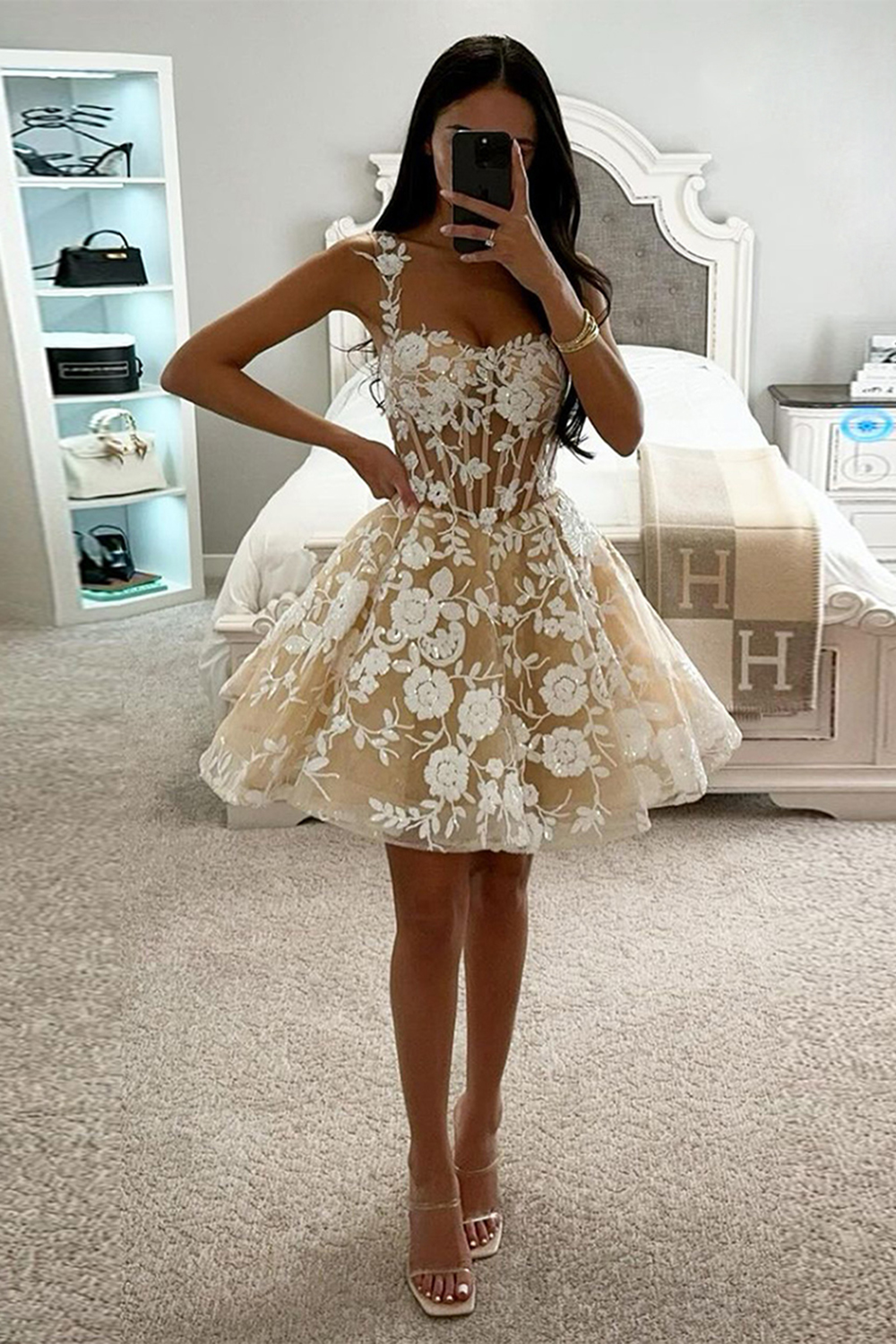 White Champagne Spaghetti Straps Sequins A-Line Short Homecoming Dress with Appliques