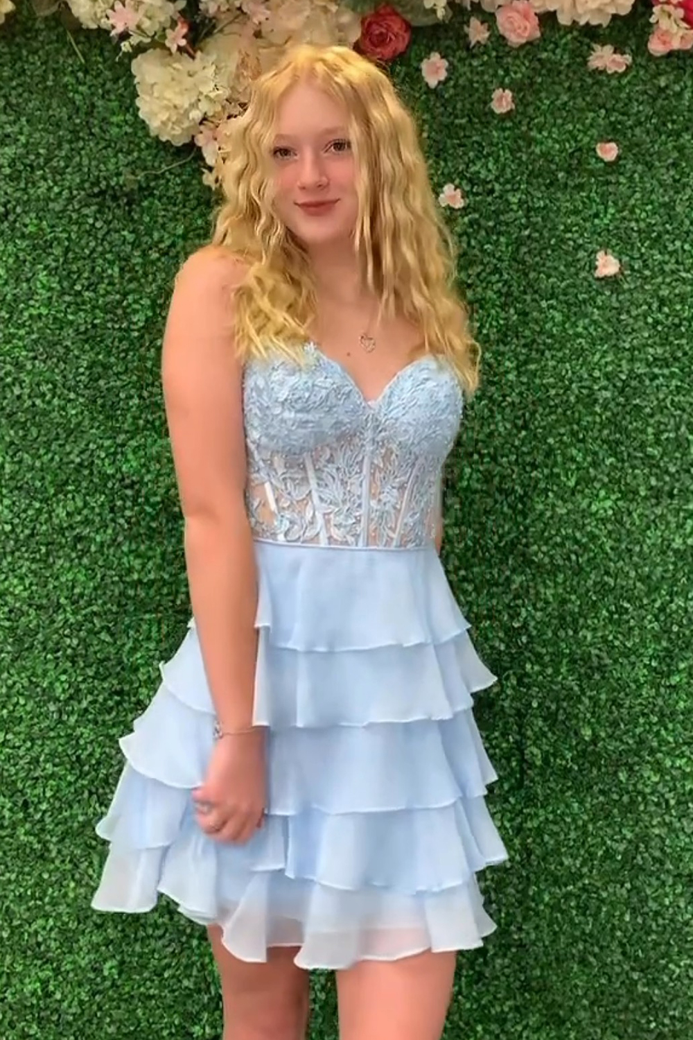 Lilac A-Line Strapless Tiered Corset Short Homecoming Dress with Appliques