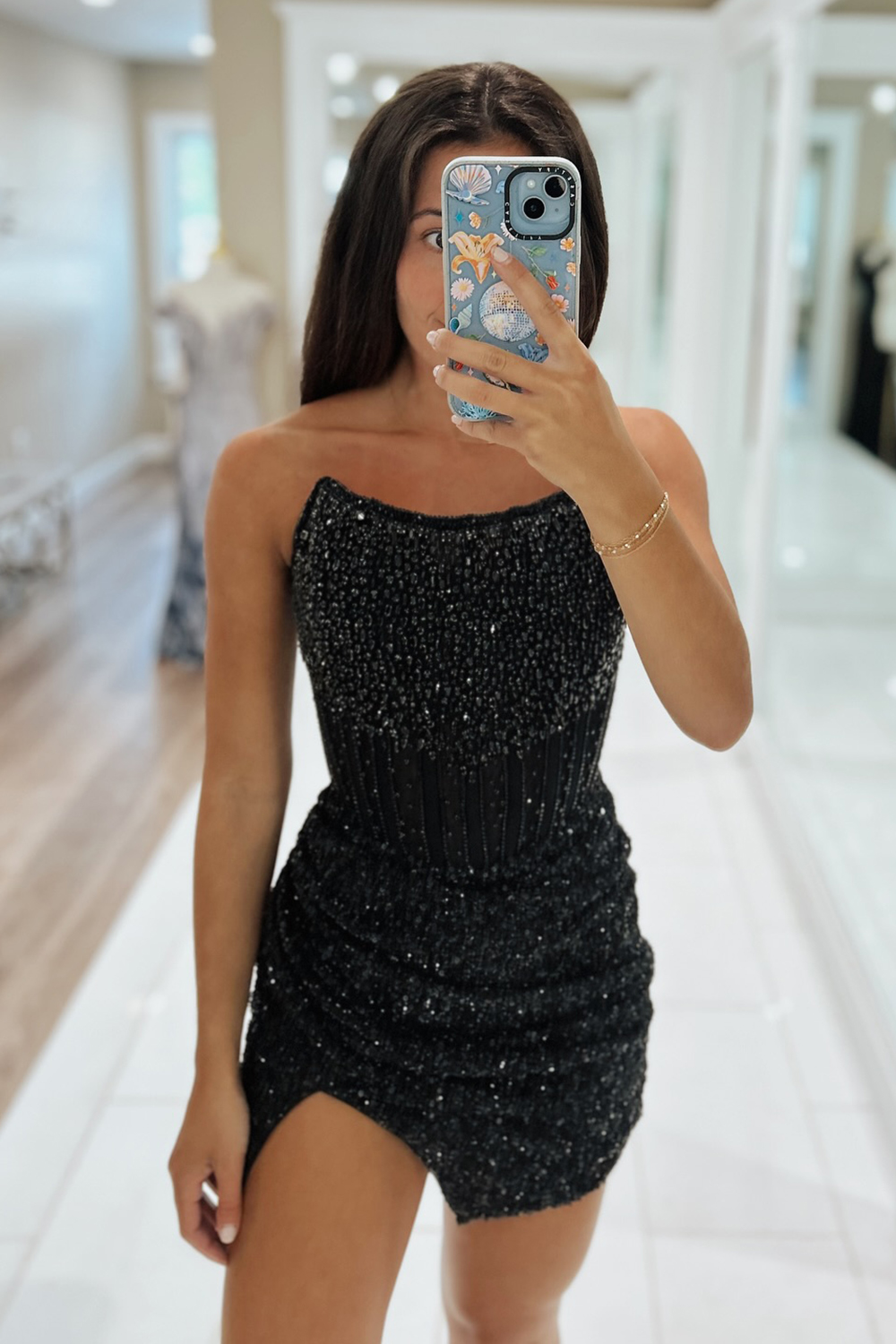 Sparkly Golden Bodycon Strapless Corset Homecoming Dress with Beading