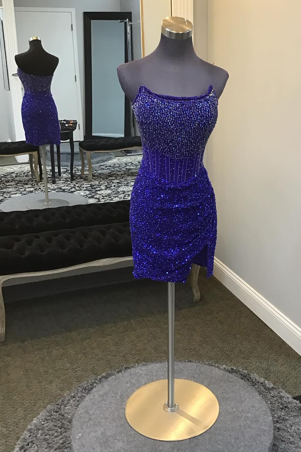 Sparkly Golden Bodycon Strapless Corset Homecoming Dress with Beading