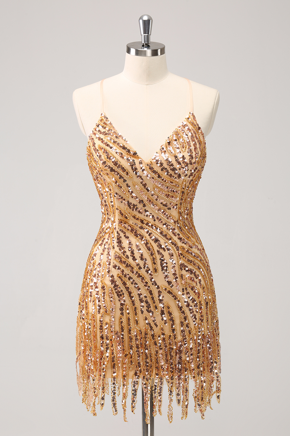 Sparkly Golden Spaghetti Straps Sequins  Bodycon Short Homecoming Dress with Fringe