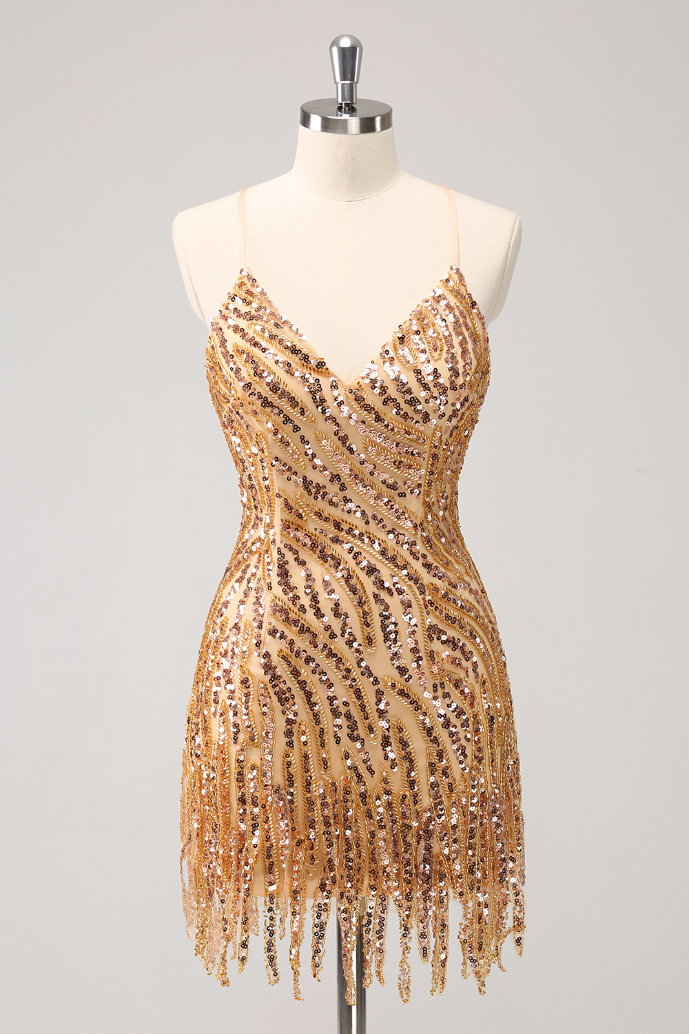 Sparkly Golden Spaghetti Straps Sequins  Bodycon Short Homecoming Dress with Fringe