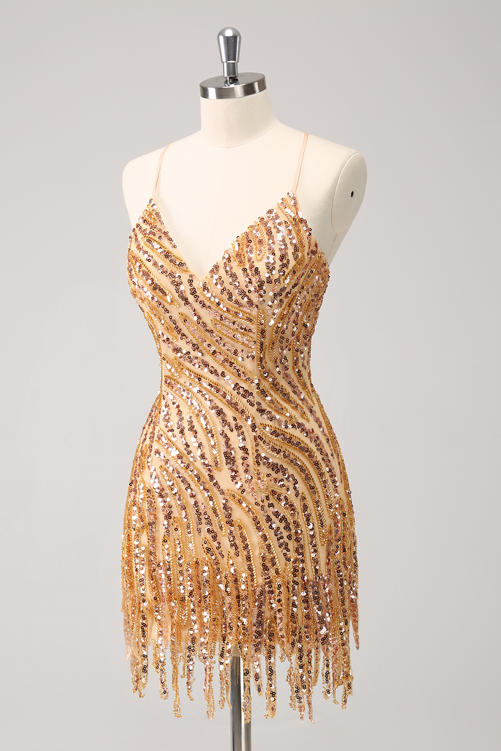 Sparkly Golden Spaghetti Straps Sequins  Bodycon Short Homecoming Dress with Fringe