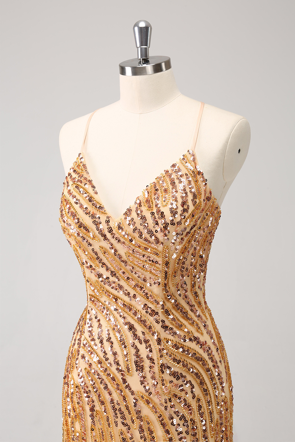 Sparkly Golden Spaghetti Straps Sequins  Bodycon Short Homecoming Dress with Fringe