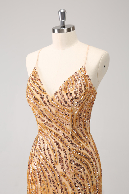 Sparkly Golden Spaghetti Straps Sequins  Bodycon Short Homecoming Dress with Fringe