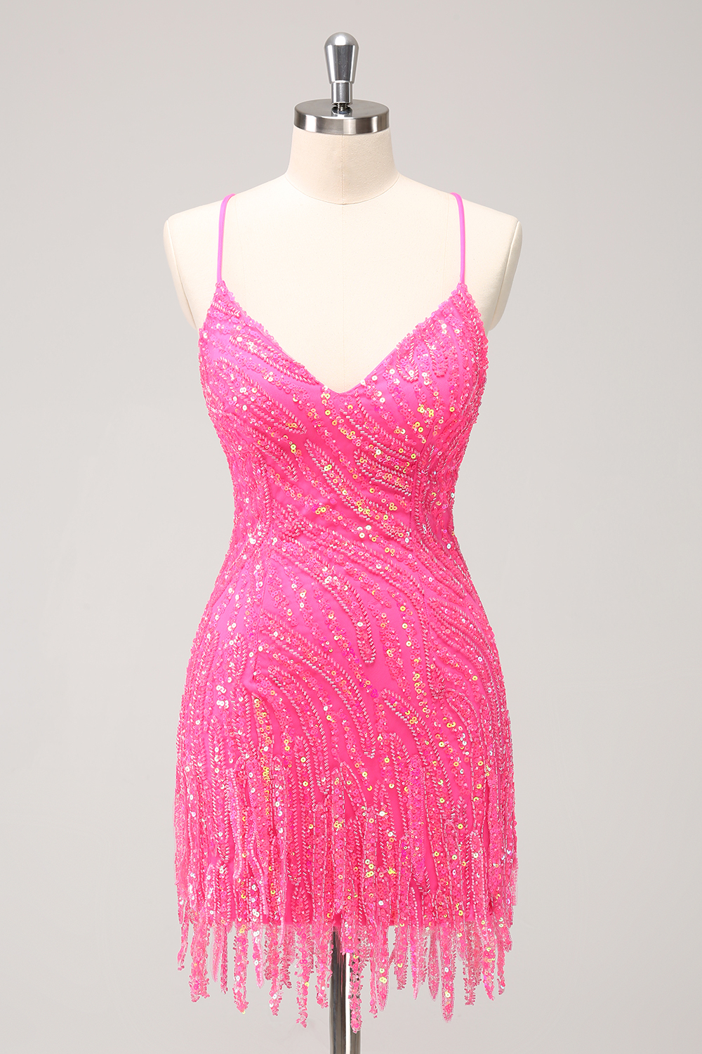Sparkly Hot Pink Spaghetti Straps Sequins  Bodycon Short Homecoming Dress with Fringe