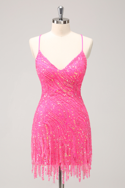 Sparkly Golden Spaghetti Straps Sequins  Bodycon Short Homecoming Dress with Fringe