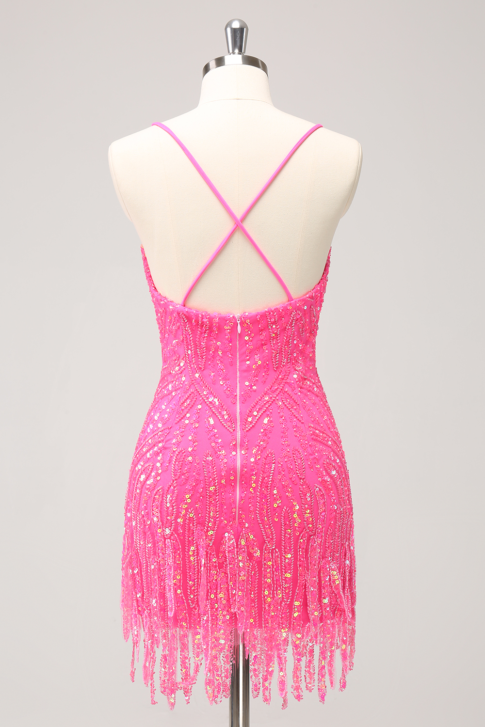 Sparkly Hot Pink Spaghetti Straps Sequins  Bodycon Short Homecoming Dress with Fringe