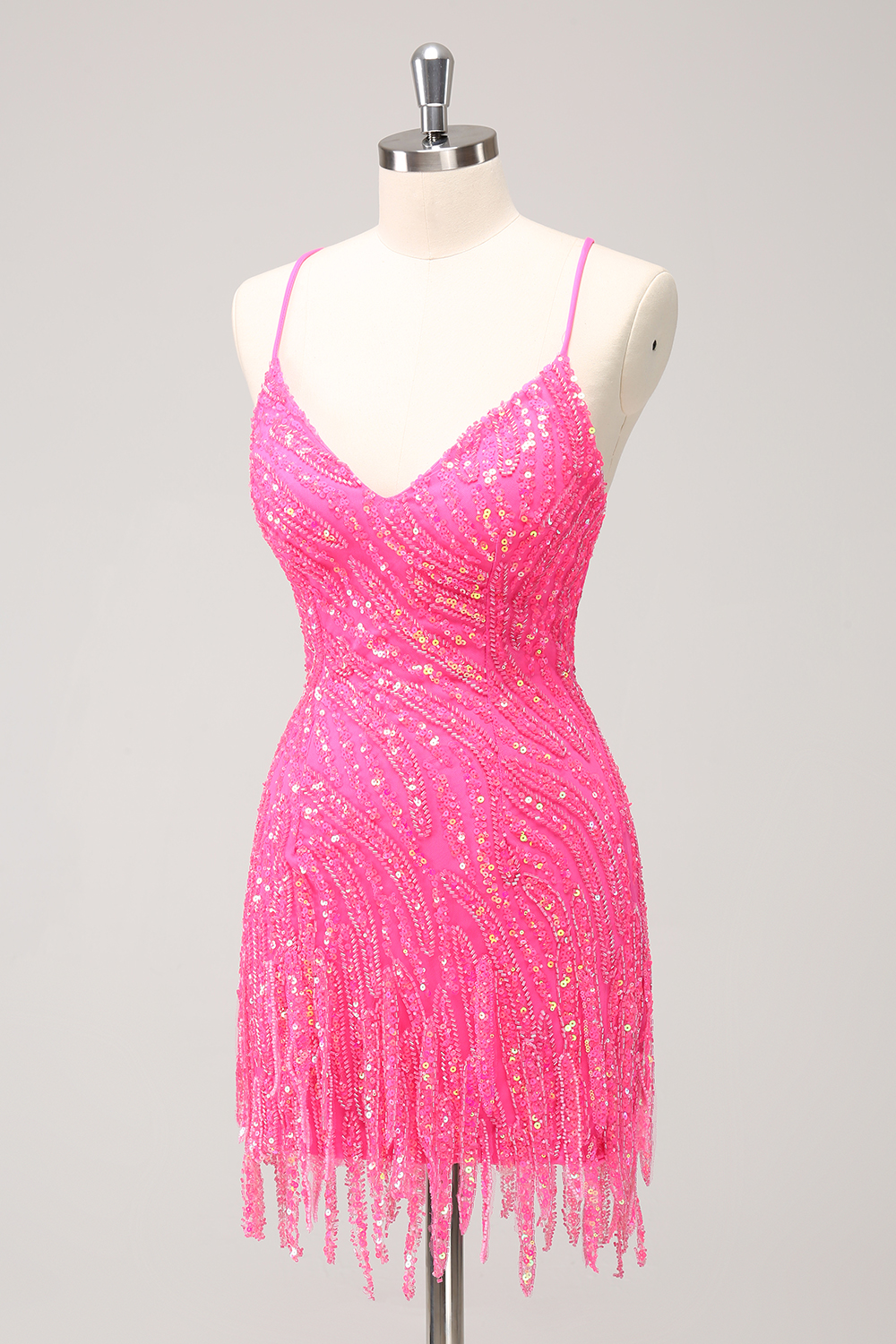 Sparkly Golden Spaghetti Straps Sequins  Bodycon Short Homecoming Dress with Fringe