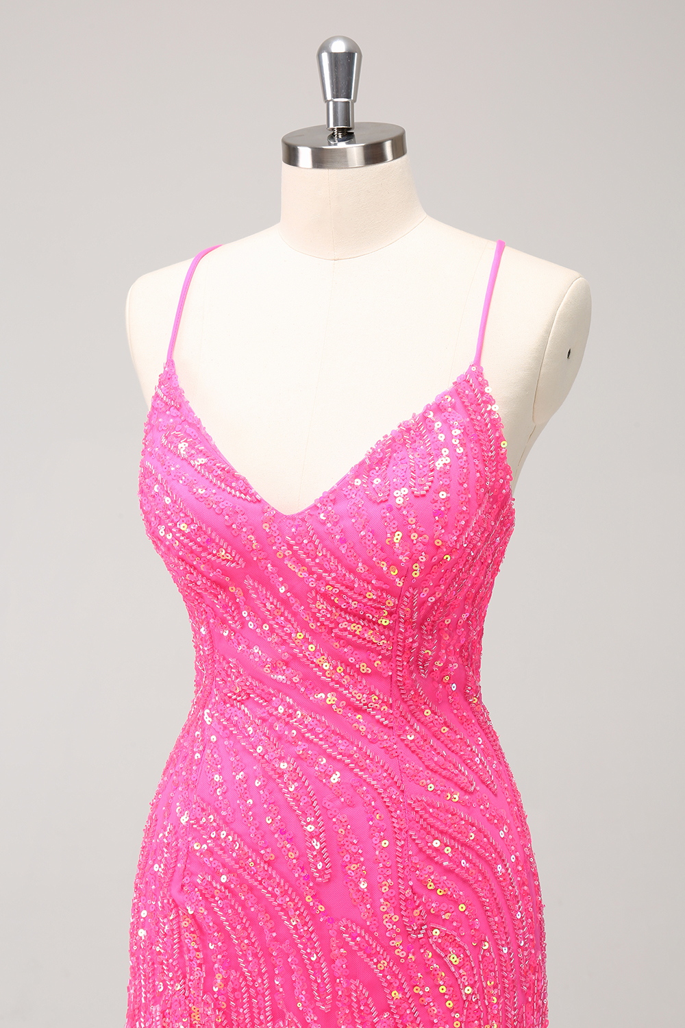 Sparkly Hot Pink Spaghetti Straps Sequins  Bodycon Short Homecoming Dress with Fringe