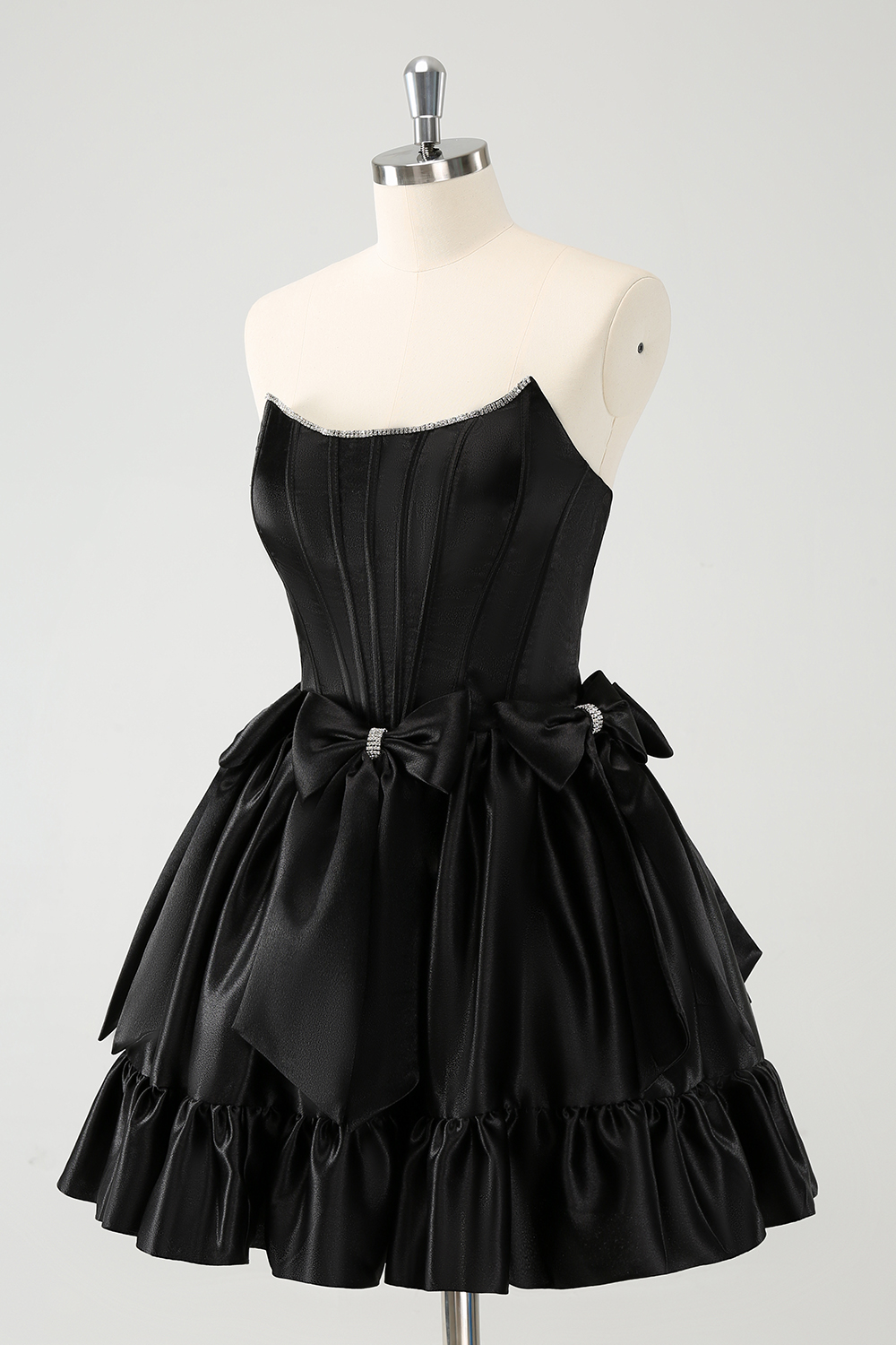 Trendy Black Strapless A-Line Satin Short Homecoming Dress with Bow