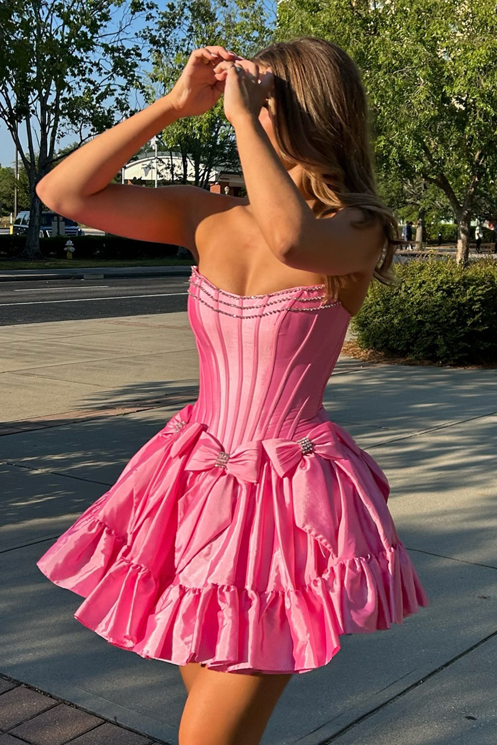 Fuchsia Strapless A-Line Satin Short Homecoming Dress with Bow