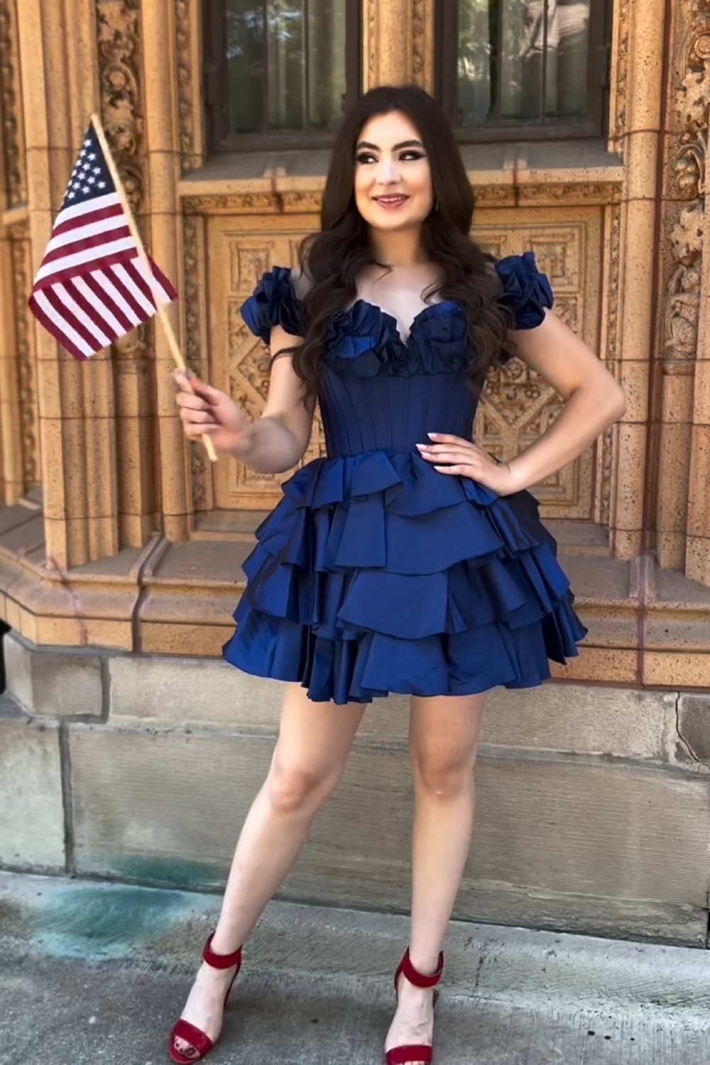 Golden Off the Shoulder A-Line Short Corset Homecoming Dress with Ruffles
