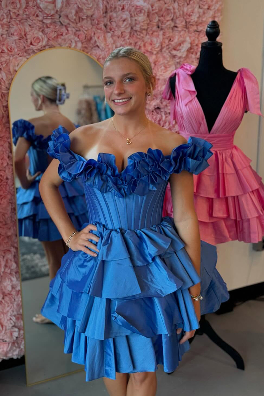 Golden Off the Shoulder A-Line Short Corset Homecoming Dress with Ruffles