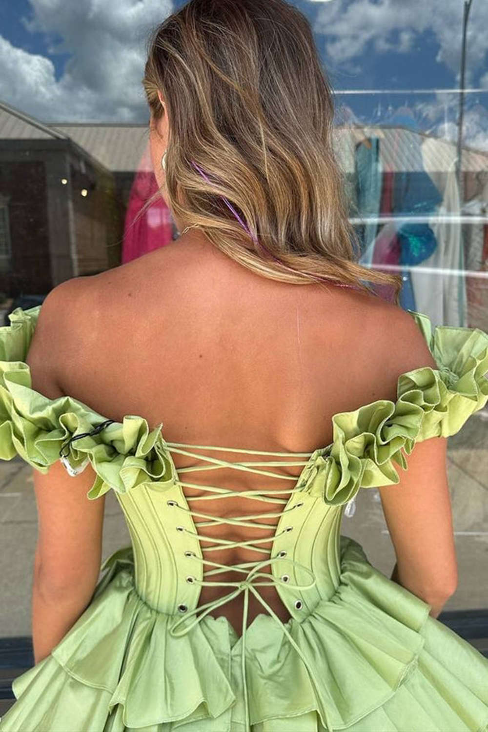 Golden Off the Shoulder A-Line Short Corset Homecoming Dress with Ruffles