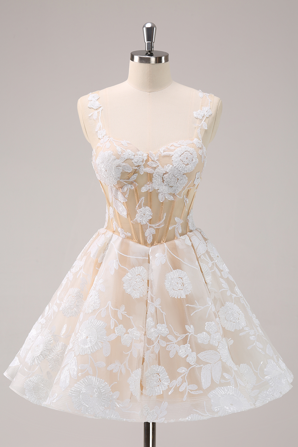 White Spaghetti Straps A-Line Short Corset Homecoming Dress with Appliques
