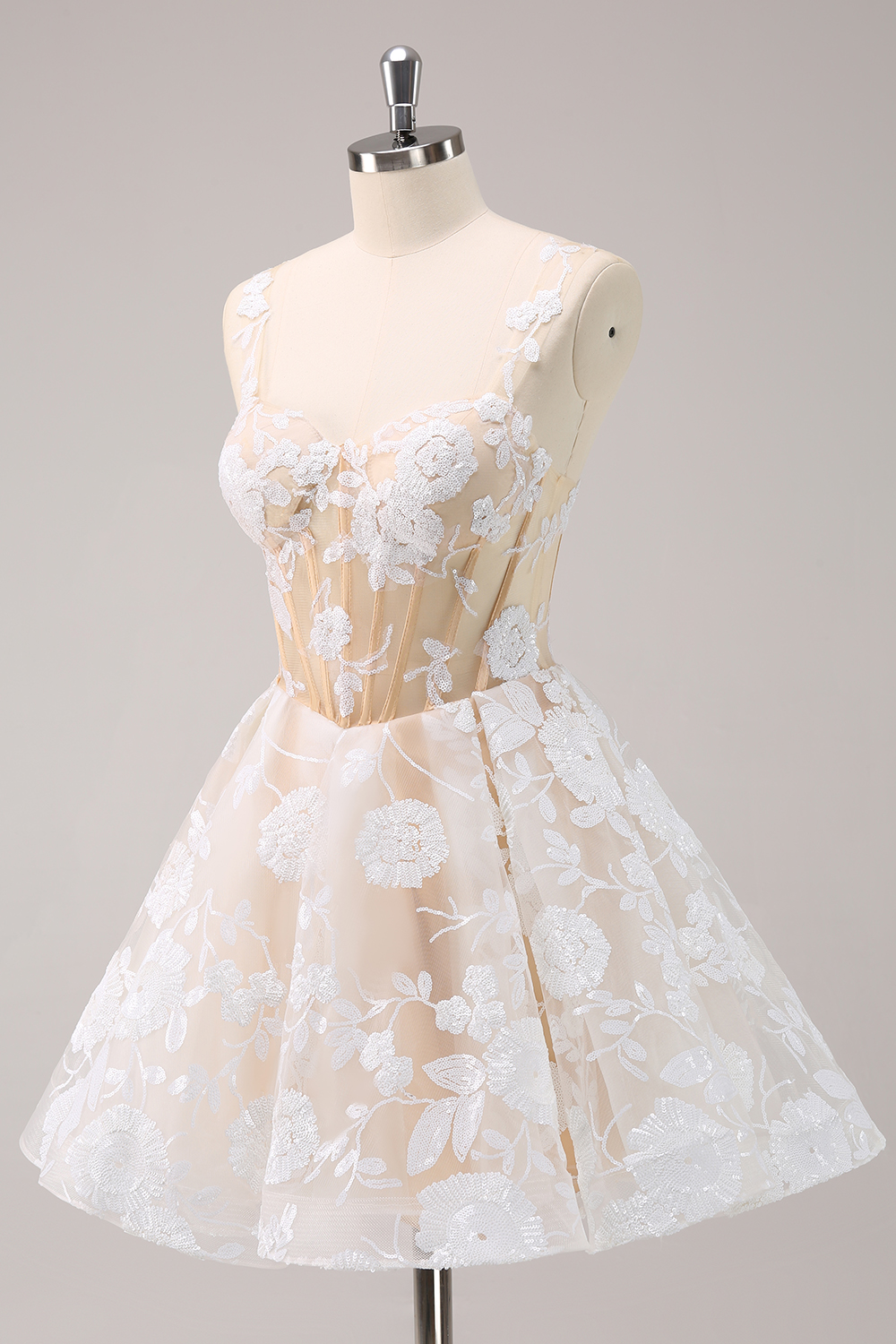 White Spaghetti Straps A-Line Short Corset Homecoming Dress with Appliques