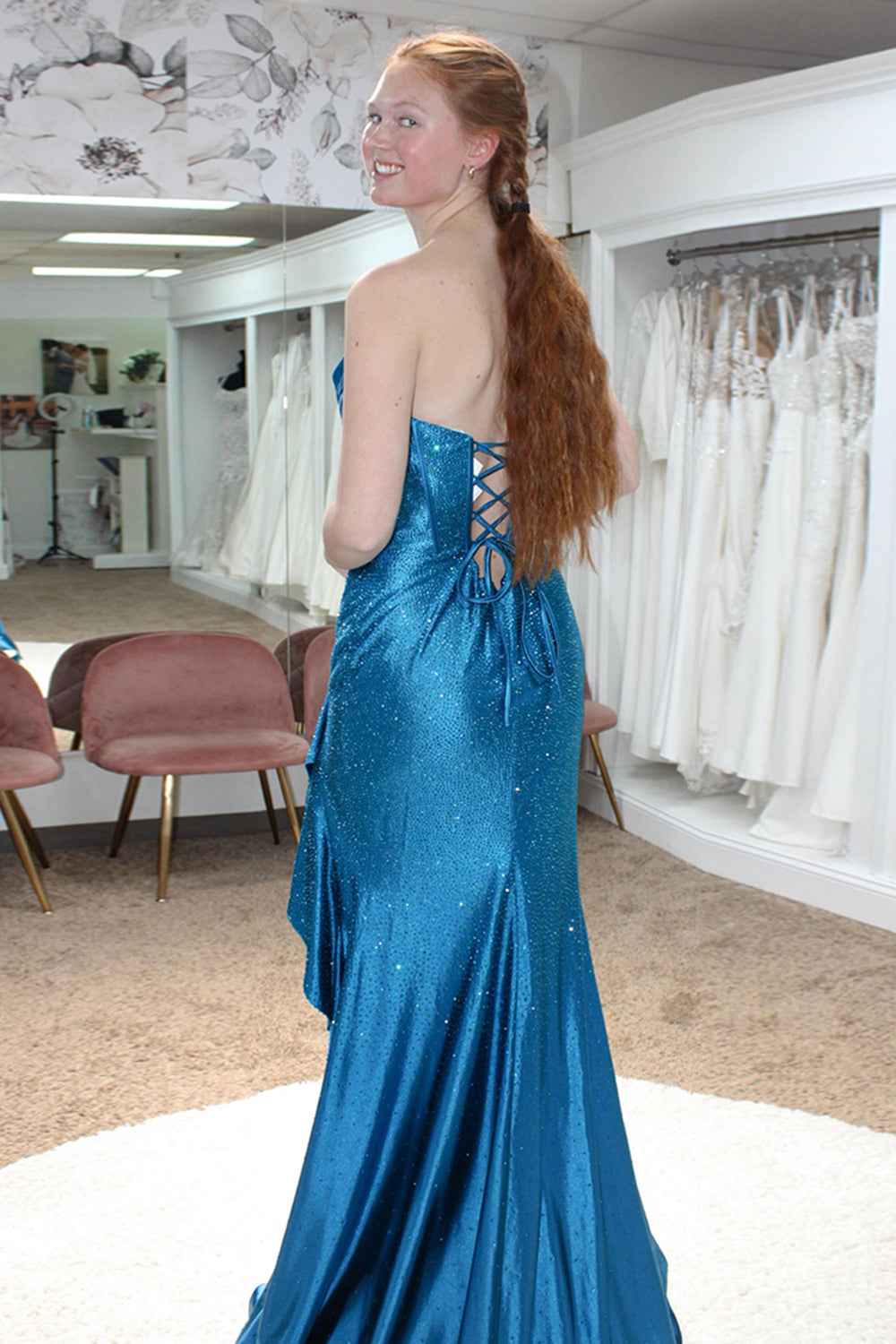Sparkly Orange Strapless Mermaid Beaded Long Corset Prom Dress with Ruffles-LLELLA