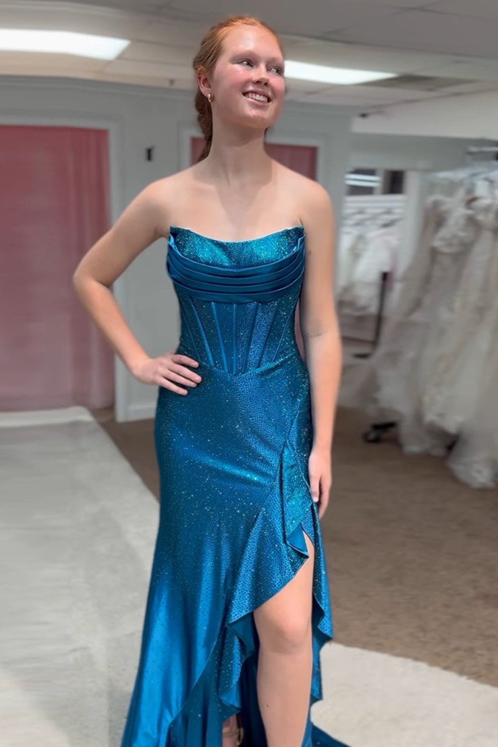 Sparkly Orange Strapless Mermaid Beaded Long Corset Prom Dress with Ruffles-LLELLA