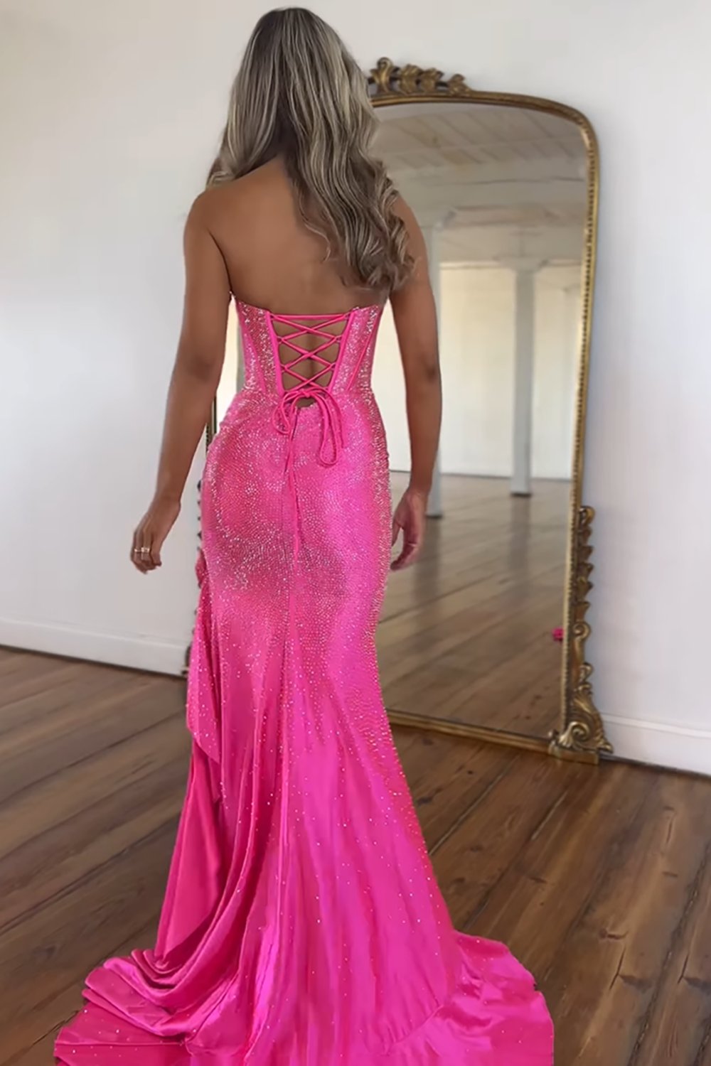 Sparkly Orange Strapless Mermaid Beaded Long Corset Prom Dress with Ruffles-LLELLA
