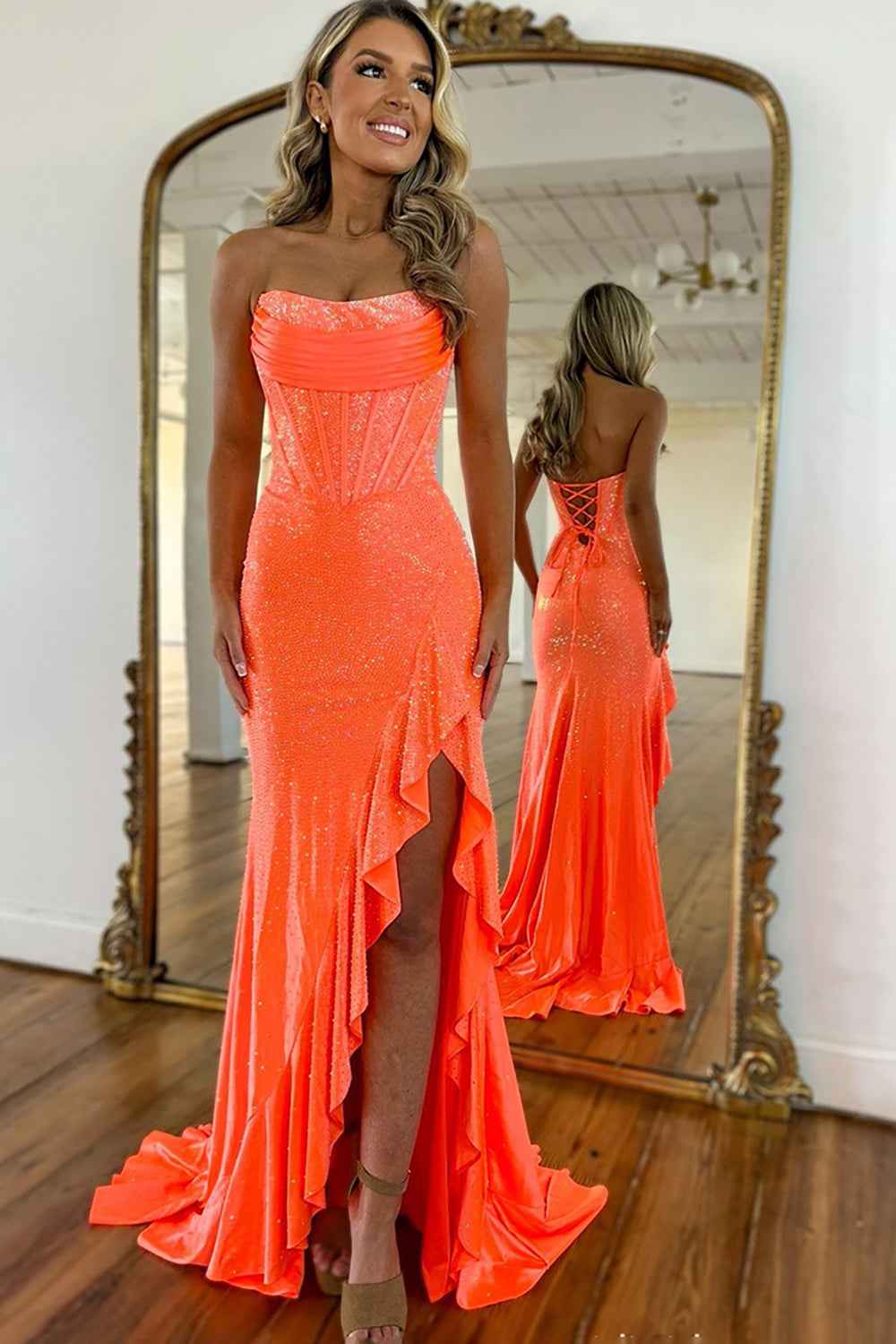 Sparkly Orange Strapless Mermaid Beaded Long Corset Prom Dress with Ruffles