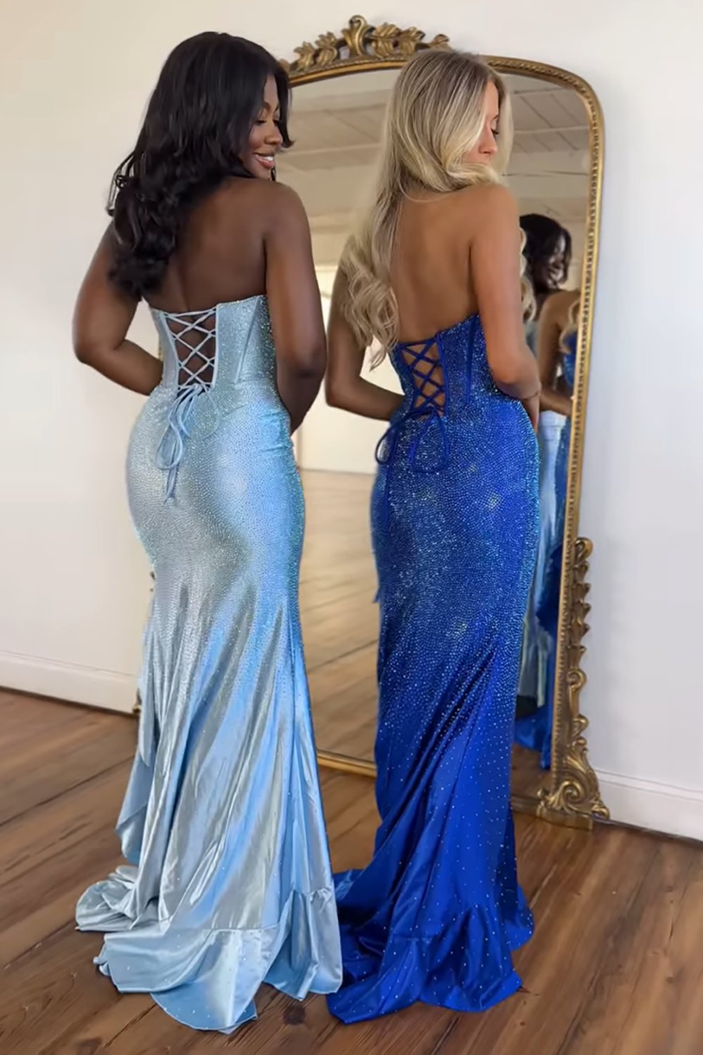 Sparkly Orange Strapless Mermaid Beaded Long Corset Prom Dress with Ruffles-LLELLA