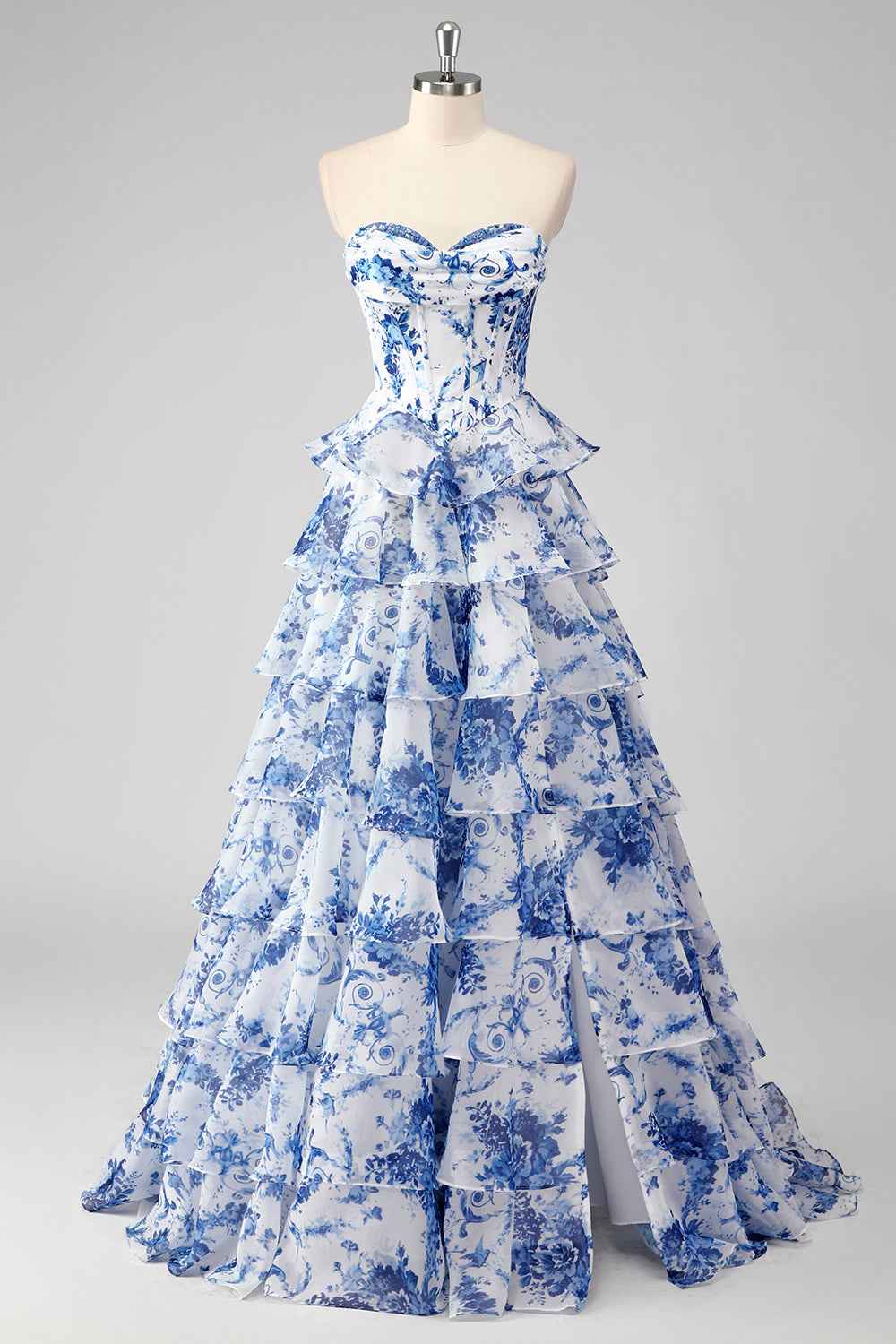 Blush Sweetheart A-Line Chiffon Floral Ruffled Long Corset Prom Dress with Slit-LLELLA