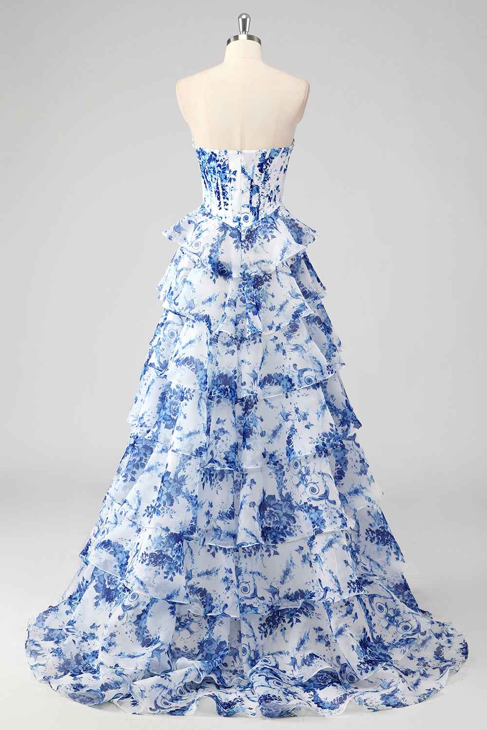 Blush Sweetheart A-Line Chiffon Floral Ruffled Long Corset Prom Dress with Slit-LLELLA
