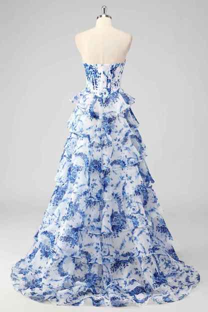 Blush Sweetheart A-Line Chiffon Floral Ruffled Long Corset Prom Dress with Slit