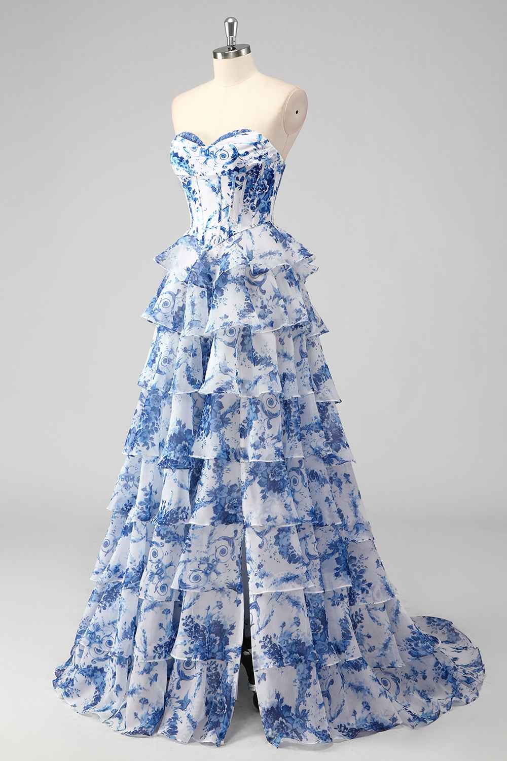 Blush Sweetheart A-Line Chiffon Floral Ruffled Long Corset Prom Dress with Slit-LLELLA