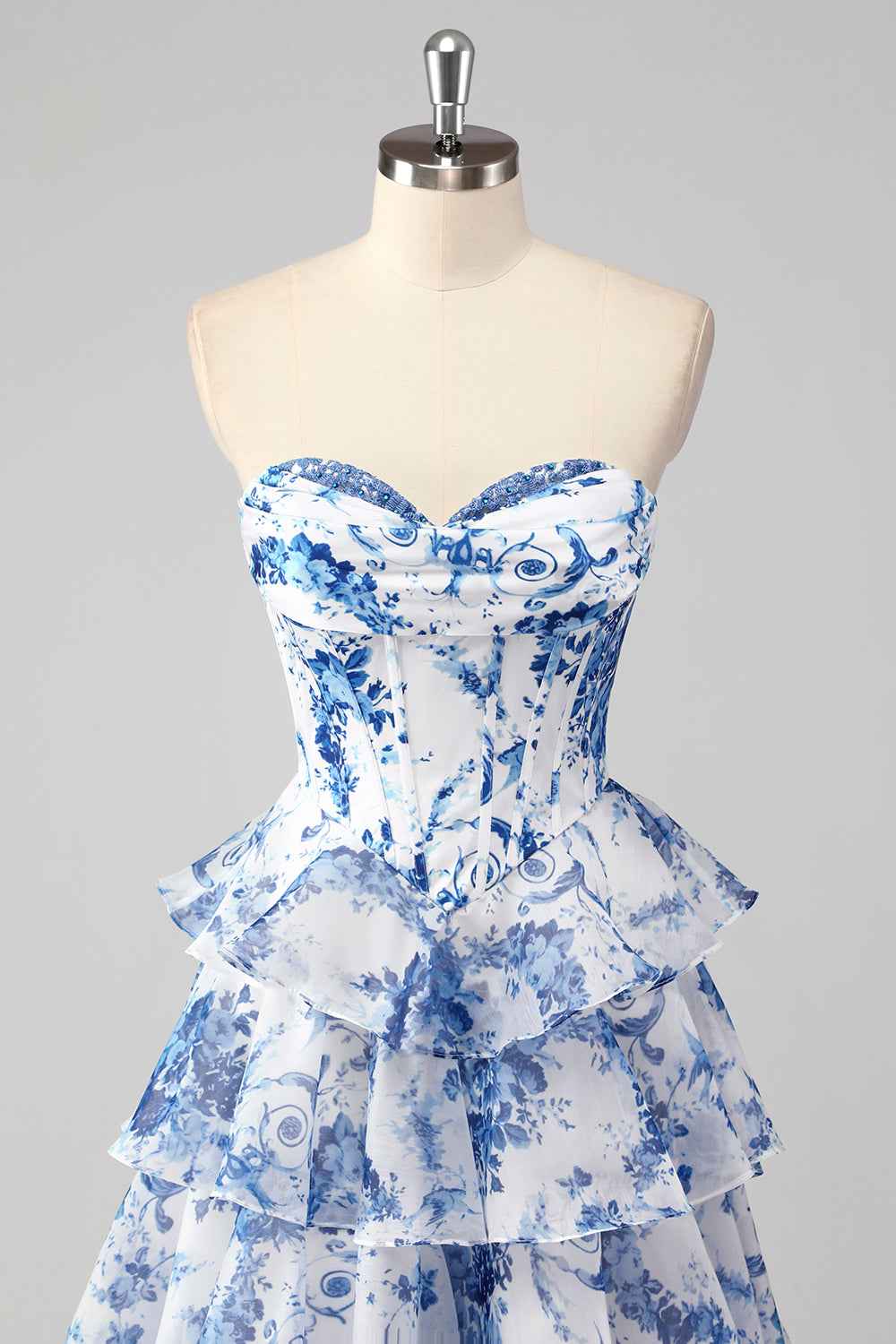Blush Sweetheart A-Line Chiffon Floral Ruffled Long Corset Prom Dress with Slit-LLELLA