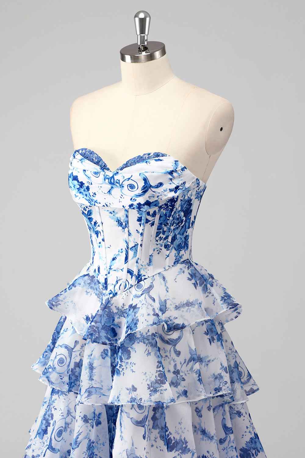 Blush Sweetheart A-Line Chiffon Floral Ruffled Long Corset Prom Dress with Slit-LLELLA