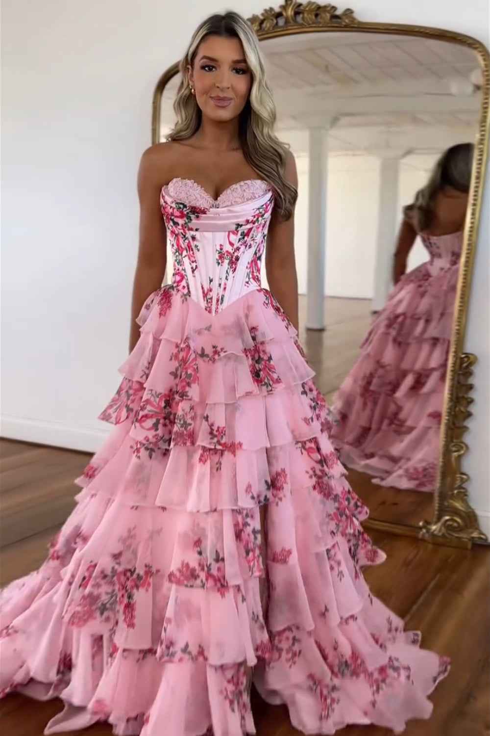 Blush Sweetheart A-Line Chiffon Floral Ruffled Long Corset Prom Dress with Slit-LLELLA