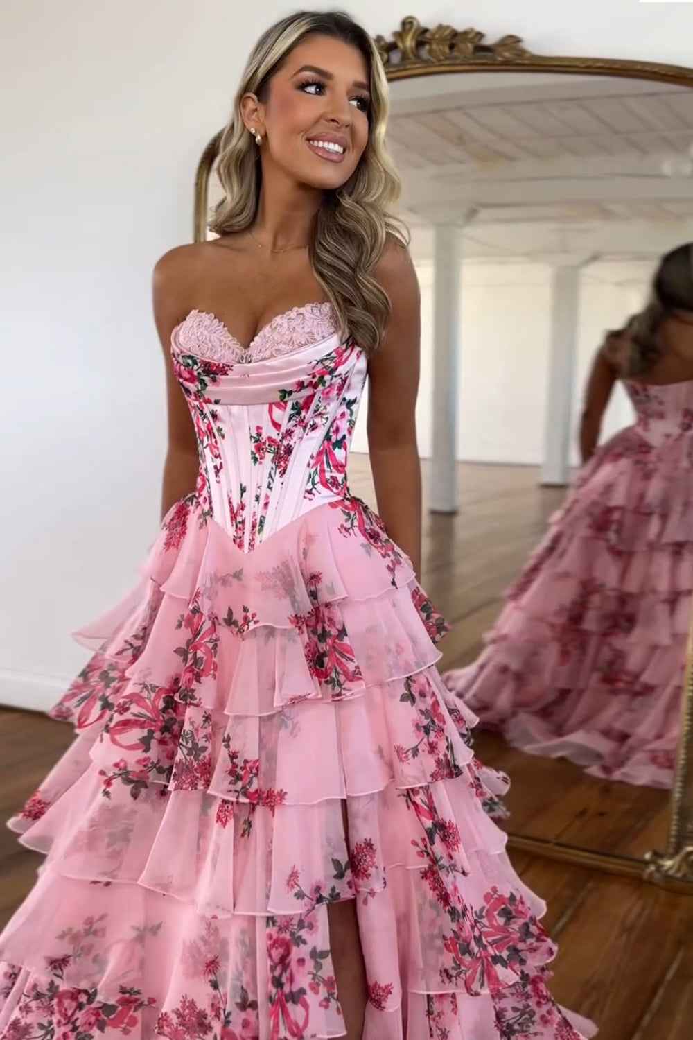 Blush Sweetheart A-Line Chiffon Floral Ruffled Long Corset Prom Dress with Slit-LLELLA