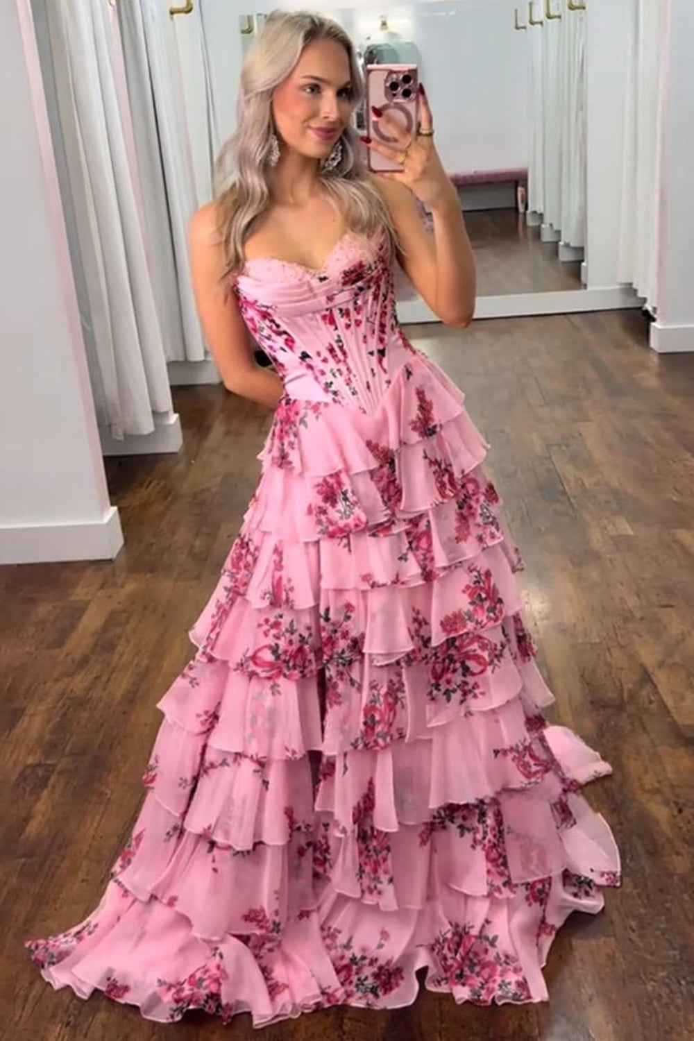 Blush Sweetheart A-Line Chiffon Floral Ruffled Long Corset Prom Dress with Slit-LLELLA