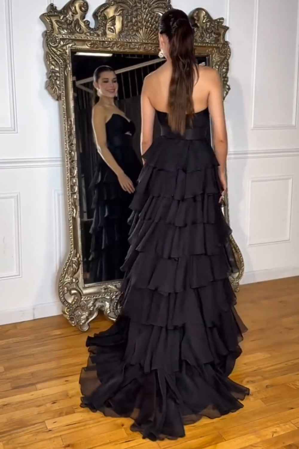 Black Sweetheart Chiffon A-Line Tiered Long Prom Dress with Slit-LLELLA